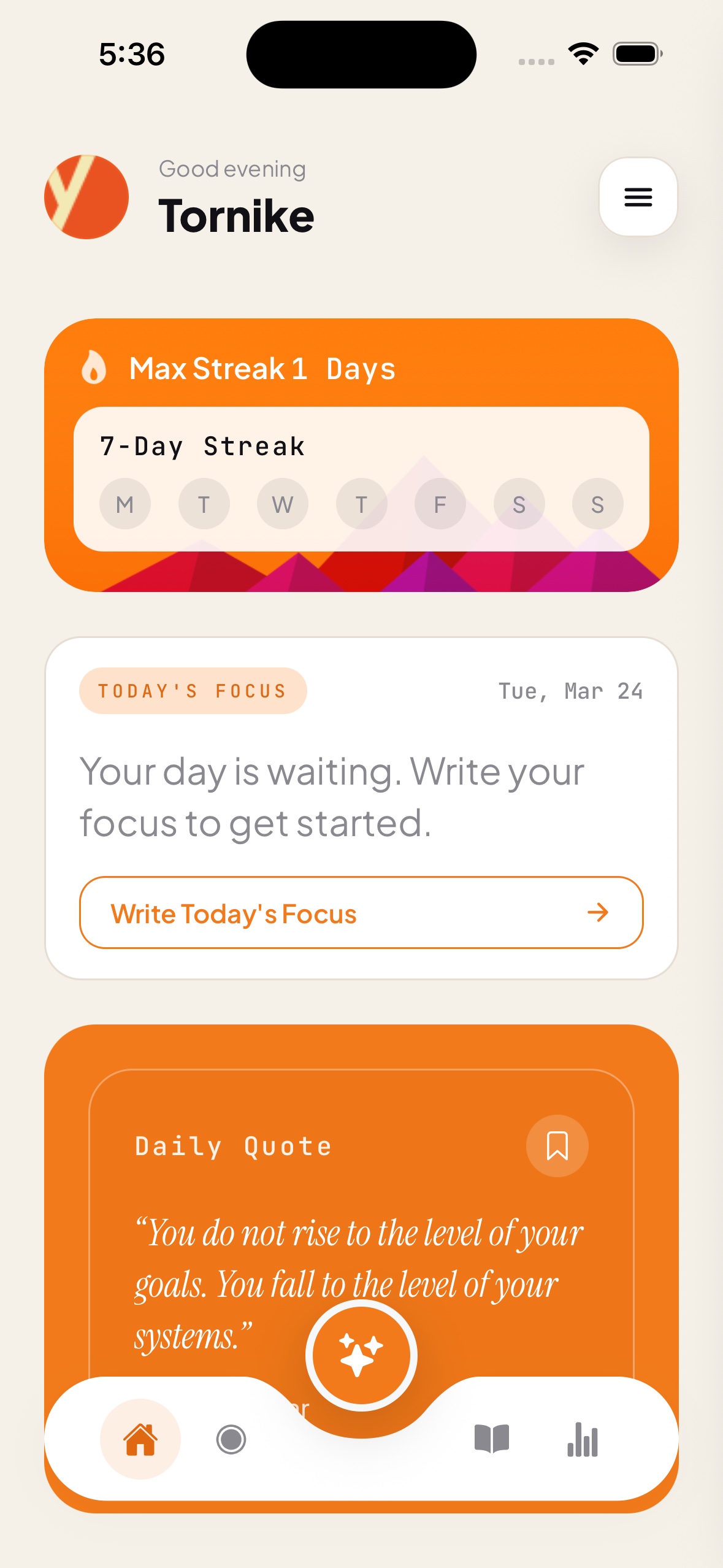 Prime Focus — daily focus home screen